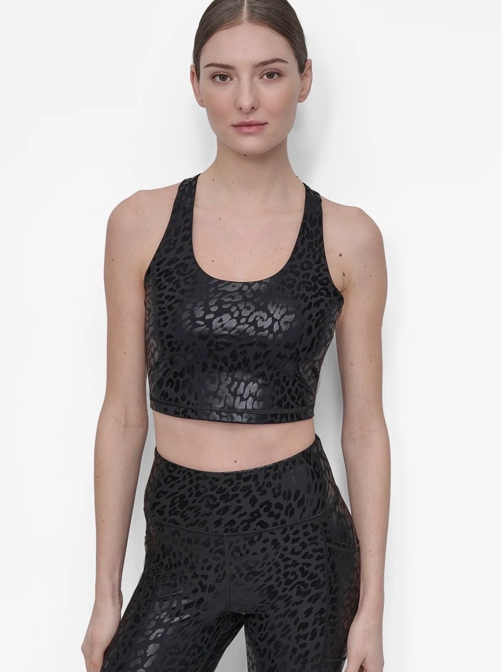 DKNY Racer Back Black Leopard-Texture Sports Long Lined Bra